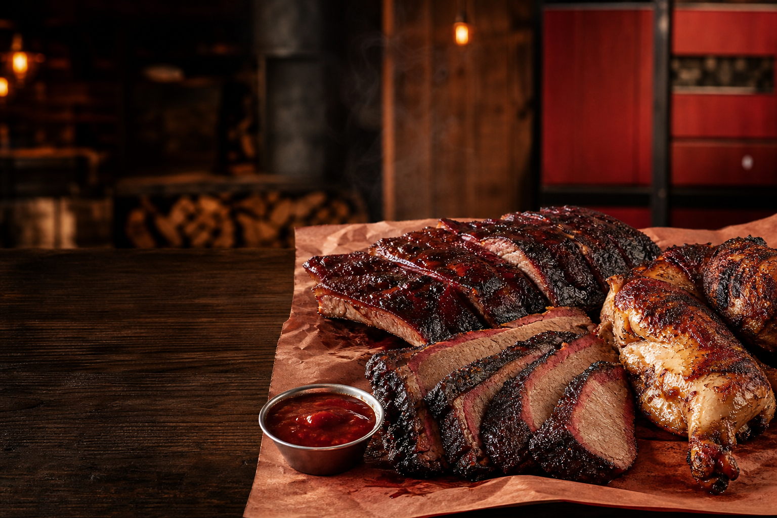 Original placeholder image of smoked ribs, brisket, chicken, and BBQ sauce on butcher paper in a warm smokehouse setting
